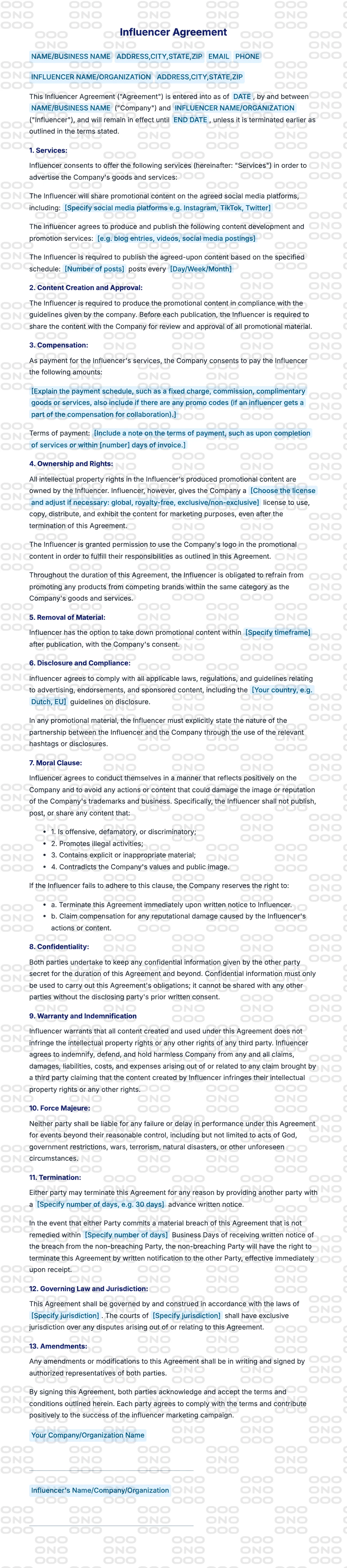 Watermarked preview of the Influencer Agreement