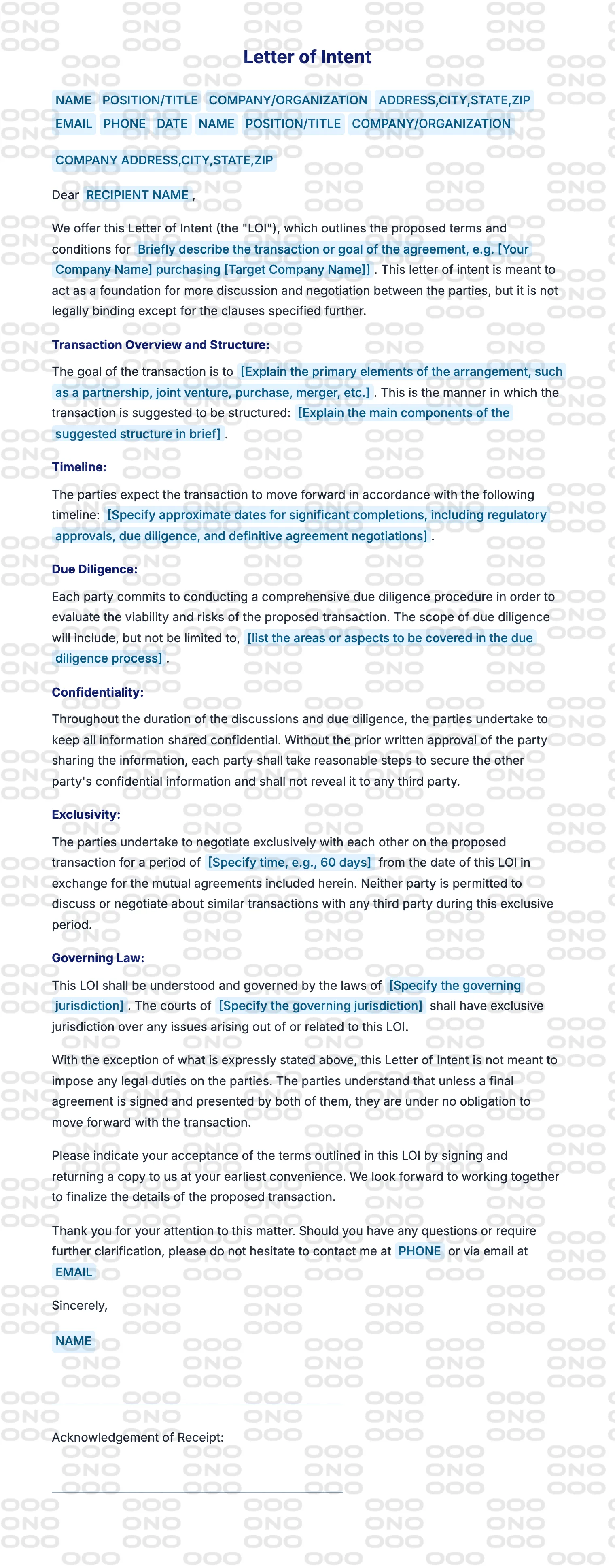 Watermarked preview of the Letter of Intent