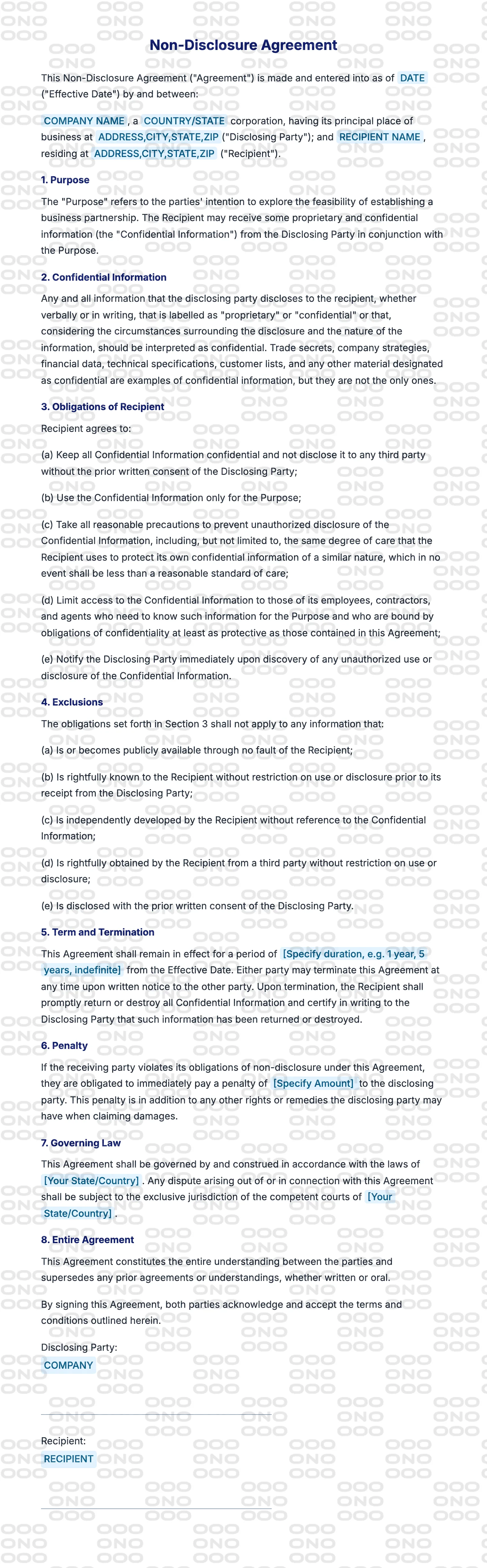 Watermarked preview of the Non-Disclosure Agreement (NDA)