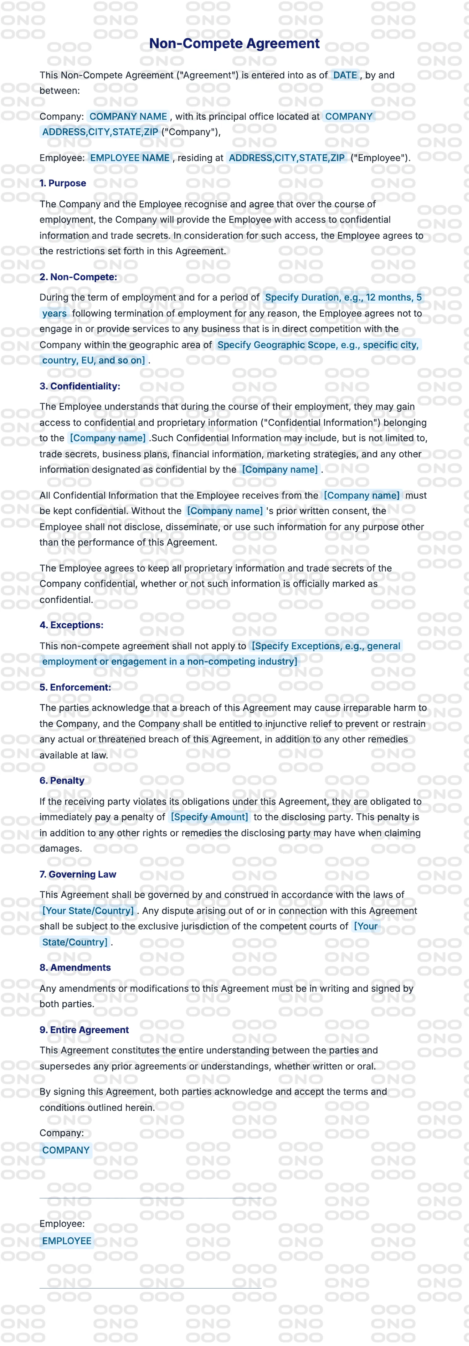 Watermarked preview of the Non-Compete Agreement