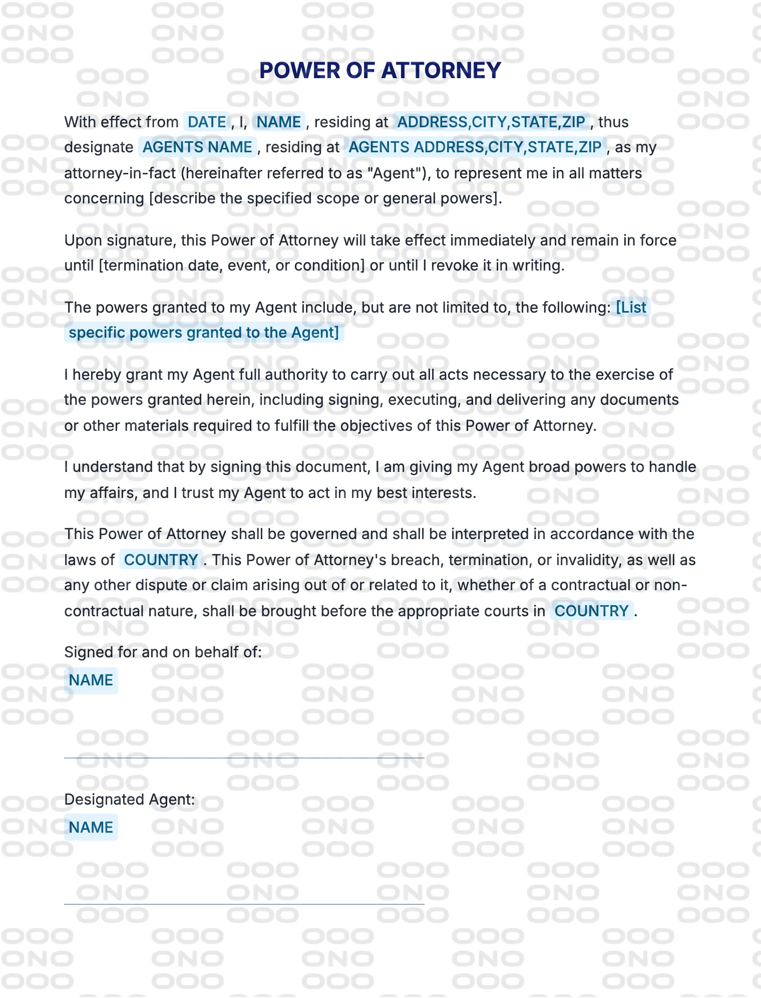 Watermarked preview of the Power of Attorney